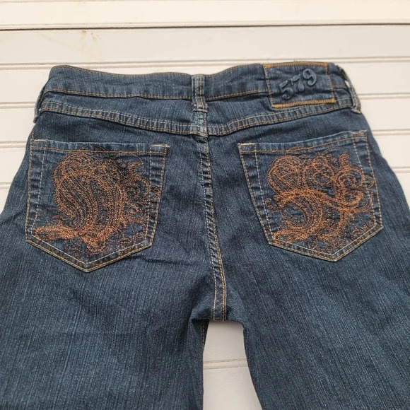 AUTHENTIC 579 JEANSWEAR BOOTCUT Dark Blue Embroidered Pocket Flare Juniors Sz 9 - Picture 7 of 10
